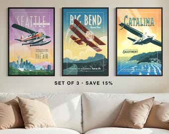 Vintage Aviation Travel Posters – Seattle, Big Bend, Catalina Island Wall Art