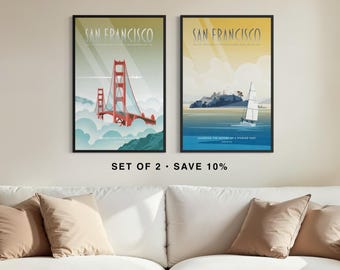 San Francisco — Iconic Landmarks–Golden Gate Bridge and Alcatraz • Fine Art Travel Posters
