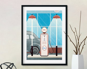 Vintage Esso Gas Pump Art Print: Minimalist Man Cave Decor