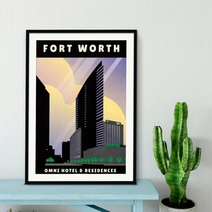 Stampa artistica da parete Omni Hotel - Poster di viaggio di Fort Worth, Texas - Poster del Texas - Arte moderna - Arte minimalista - Arredamento per la casa GRANDE
