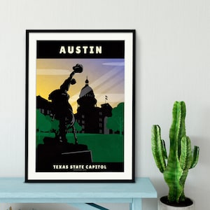 Texas State Capitol - Austin Texas - Large Wall Art Print - Texas Travel Poster - Texas Gifts - Capitol Building - Home Decor-Cowboy Statue