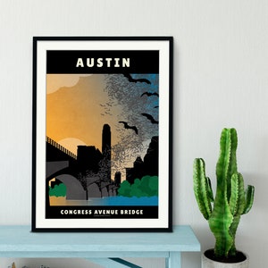 Congress Ave Bridge - Austin Texas - Wall Art Print - Texas Travel Poster - Texas Gifts - Austin Bats - Home Decor - Bat Poster - LARGE