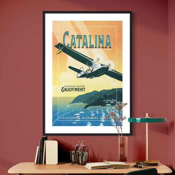 Estilo retro Catalina Island Giclée Art Print - PBY Catalina Airplane Poster - Decoración del hogar