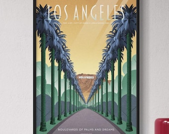 Los Angeles Poster Print – Vintage Palms, Hollywood Sign Travel Art