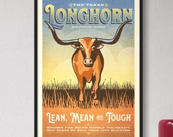 Texas Longhorn Poster | Funny Western Cow Illustration | Ranch Style Wall Decor | Cowboy Gift