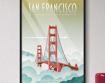 San Francisco Art Print • Golden Gate Bridge Poster • Retro Fog City Wall Decor