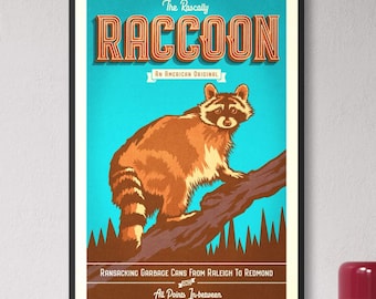 Raccoon Wildlife Art Print – Funny Woodland Animal Poster with Vintage Americana Style