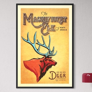 Framed Magnificent Elk wildlife poster displayed above a modern credenza featuring a colorful elk illustration and vintage typography