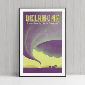 Póster de viaje divertido de Oklahoma - Arte mural divertido - Póster de viaje retro - Impresión artística de tornado de regalo de Oklahoma - Arte de pared para decoración del hogar
