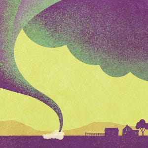 Detail of Oklahoma tornado poster showing distressed textures, sweeping storm clouds, rural farmhouse, and bold vintage typography.