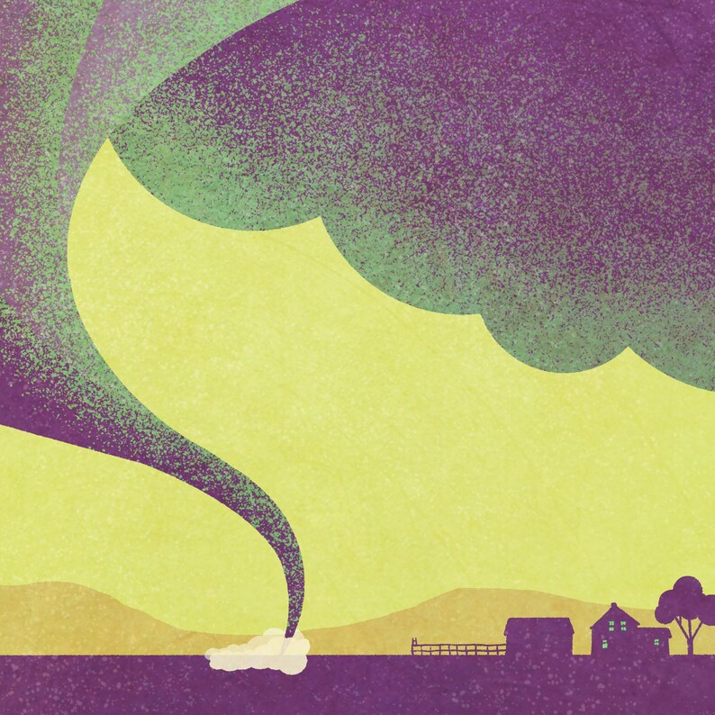 Detail of Oklahoma tornado poster showing distressed textures, sweeping storm clouds, rural farmhouse, and bold vintage typography.