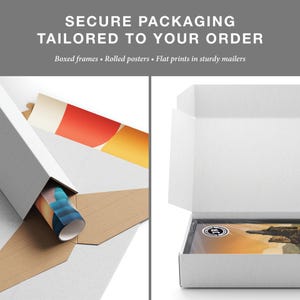 Secure packaging for boxed frames, rolled posters, and flat prints with text on a gray background.