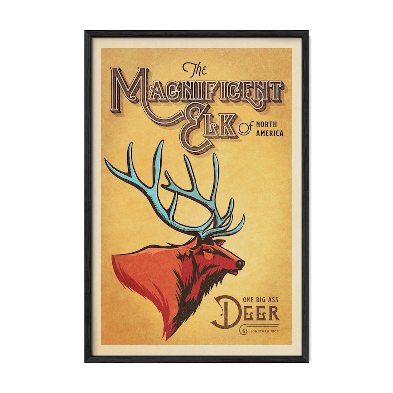 Magnificent Elk vintage wildlife poster in a black frame featuring bold red elk illustration and oversized blue antlers