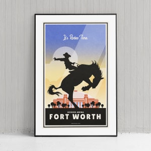 Stampa artistica giclée in stile retrò Cowboy Rodeo - Poster di viaggio di Fort Worth, Texas - Dickies Arena - Arredamento per la casa