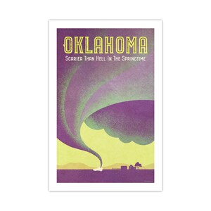 Unframed Oklahoma tornado art print featuring a dramatic funnel cloud over the plains in a vintage-inspired graphic style.