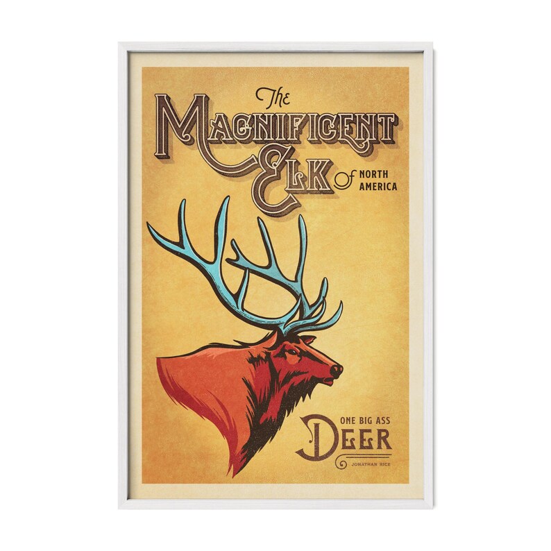 Magnificent Elk vintage wildlife poster in a white frame featuring bold red elk, blue antlers, and vintage graphic typography