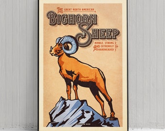 Retro Style Humorous Bighorn Sheep Poster - Bighorn Sheep Print - American Animals - Home Decor