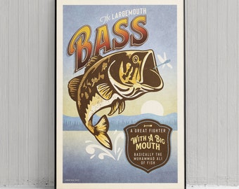 Retro Style Humorous Largemouth Bass Poster - Largemouth Bass Print - American Animals - Home Decor