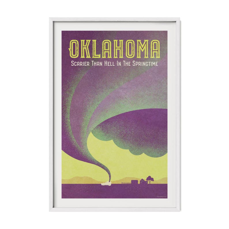 Oklahoma tornado poster in a white frame featuring a dramatic funnel cloud, rural landscape, and retro travel poster design.