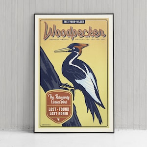Retro Style Humorous Woodpecker Poster - Ivory-billed Woodpecker Print - American Animals - Home Decor