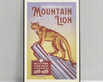 Vintage Inspired Humorous Mountain Lion Poster - Cougar Print - American Animals - Home Decor