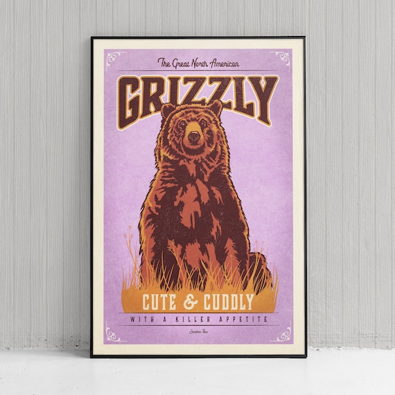 Retro Style Humorous Grizzly Bear Poster - Grizzly Print