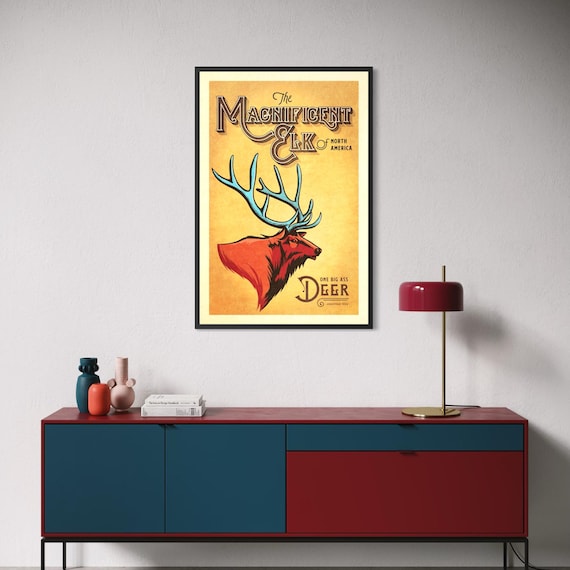 Elk Poster | Vintage Wildlife Art Print | Rustic Mountain Animal Wall Decor