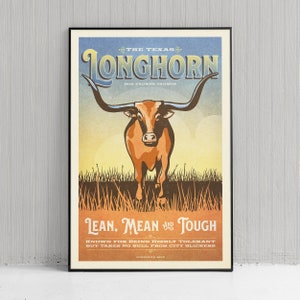 Retro Texas Longhorn Art Print: Humorous American Animal Poster