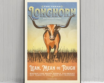 Retro Style Humorous Texas Longhorn Poster - Texas Longhorn Print - American Animals - Home Decor