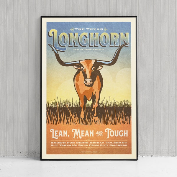Retro Style Humorous Texas Longhorn Poster - Texas Longhorn Print - American Animals - Home Decor