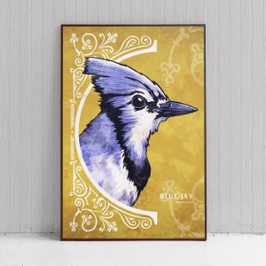 Vintage inspiriertes verziertes Blauhäher Poster - Vogel Kunstdruck - Wilde Tiere - Wohnkultur