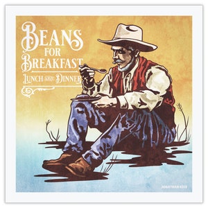 Vintage geïnspireerde humoristische cowboy-ontbijt Giclée-kunstdruk - western decor