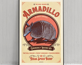 Retro Style Humorous Armadillo Poster - Nine-Banded Armadillo Print - American Animals - Home Decor