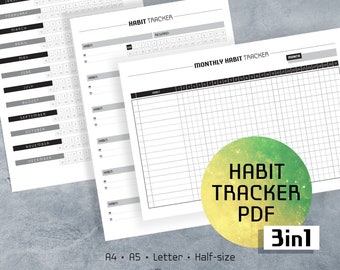 Habit Tracker Printable, 30 Day Challenge Template, Goal Planner, Goal Tracker PDF, Instant Download, A4, A5, Letter, Half-size