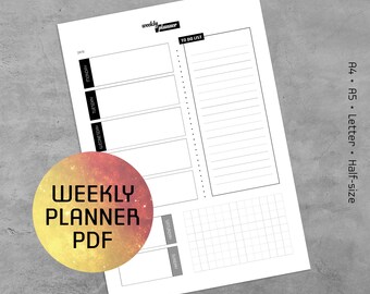Weekly Planner Printable PDF, Printable Weekly Log 2018 Template, Notes Pages, A4, A5, Letter, Half-size