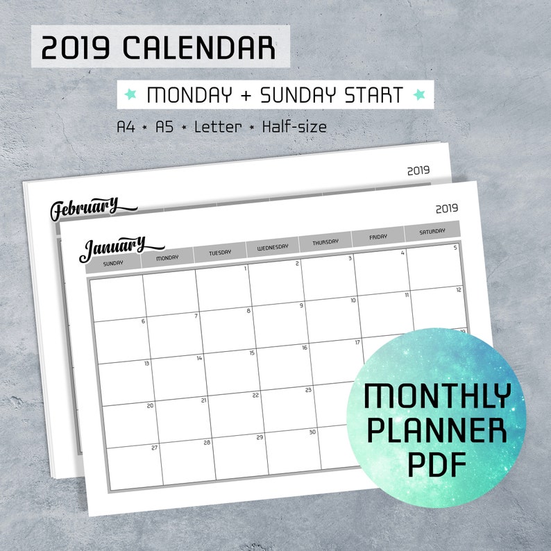 Month to month Planner Printable PDF Notes, 2019 Calendar, Monday Sunday Start off, Schedule Template, Log Internet pages, A4, A5, Letter, 50 percent-sizing image relating to Planner Pdf titled Month to month Planner Printable PDF Notes, 2019 Calendar, Monday Sunday Commence, Program Template, Log Internet pages, A4, A5, Letter, 50 percent-dimensions