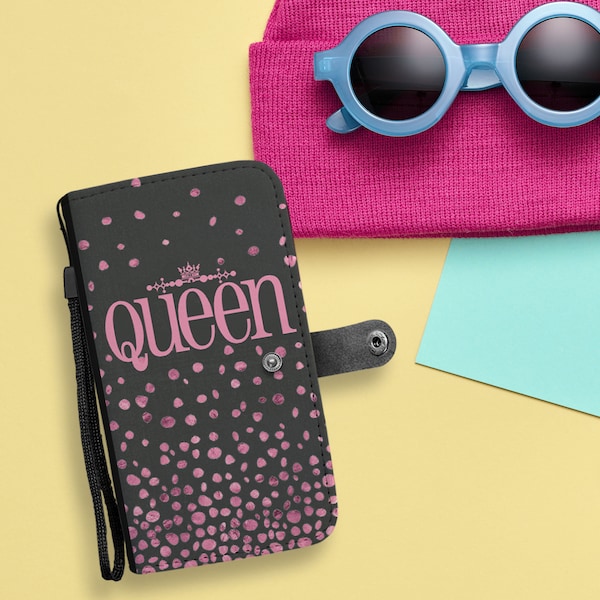 Portefeuille pour téléphone Queen rose-noir avec bandoulière amovible - Cadeau écologique en similicuir pour petite amie - Compatible avec iPhone Samsung