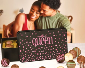 Valentines Chocolates To Your Queen Gift Box-12 Handmade Truffles-White, Dark, & Milk Chocolate Candy-Custom Design-Reusable Container Tin