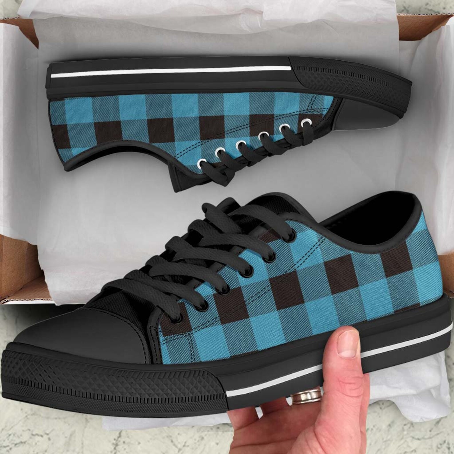 buffalo plaid lace up round toe flat sneakers