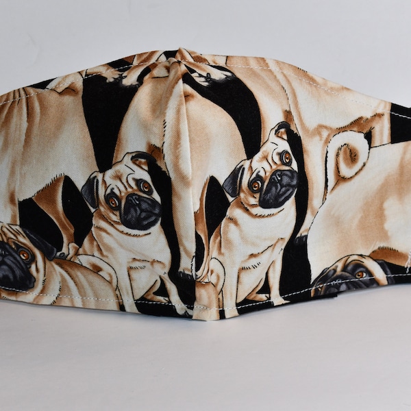 Handmade Pugs  Adult Face Mask With Filter Pocket, Two Cotton fabric layers, Washable, Adjustable elastic