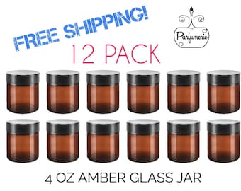 FREE SHIP! 4 oz Amber Glass Jars PREMIUM 12 Pack Cosmetic Lotion Beauty Supplies Empty Container Private Label Beard Balm Sugar Scrub Butter