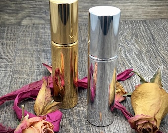 Atomizador metálico en aerosol de 12 ml (cantidad 100) dorado brillante o plateado, elegante perfume, colonia, aceites esenciales, vacío, recargable, tamaño de bolsillo para viaje.