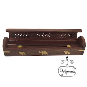 ELEPHANT INCENSE Coffin/Burner for 11 in. Incense Sticks Brass Elephant embellishments and partially hand crafted wooden incense storage
