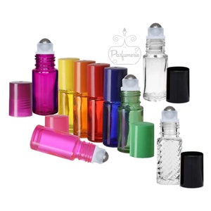 Roll On Bottles, Lip Gloss Rollers 5 ml (Qty 1, 3, 6) 1/6 oz. Clear and Color with Matching Caps, Steel Rollerballs, Empty Roller Bottles