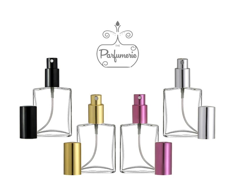 1 oz. and 2 oz. Flat Perfume Bottles. These Atomizer Spray Bottles come with Black, Gold, Purple and Silver Sprayer Tops. The Sprayer Top allows the atomization of Perfume Oils, Essential Oils and Fragrance Oils.