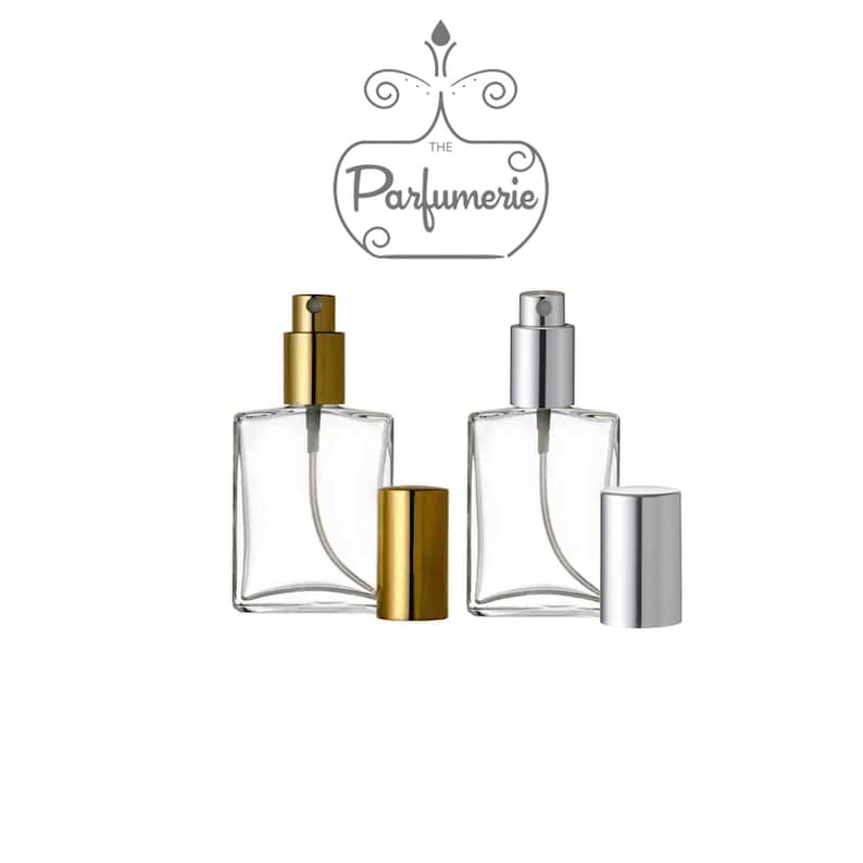 1 oz. and 2 oz. Flat Style Perfume Bottles. These Spray Bottles come with a Gold and Silver Sprayer Top. The Sprayer Top allows the atomization of Perfume Oils, Essential Oils and Fragrance Oils.