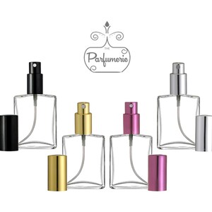 1 oz. and 2 oz. Flat Perfume Spray Bottles. These Atomizer Perfume Bottles come with Black, Gold, Purple and Silver Sprayer Tops. The Sprayer Top allows the atomization of Perfume Oils, Essential Oils and Fragrance Oils.