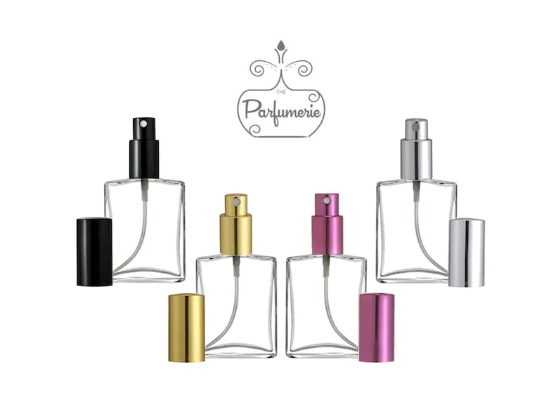 1 oz. and 2 oz. Flat Perfume Spray Bottles. These Atomizer Perfume Bottles come with Black, Gold, Purple and Silver Sprayer Tops. The Sprayer Top allows the atomization of Perfume Oils, Essential Oils and Fragrance Oils.