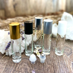1 Glass Roll On Perfume Bottle 10ml Clear Glass, Rollerball Insert and Cap options, 1/3 oz. Aromatherapy Essential Oil Perfume Oil Roller