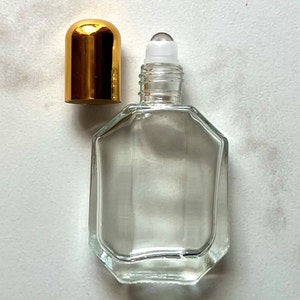 Glass PERFUME ROLL ON Bottle, 15 ml Angled Perfume Container, Gold Shiny Screw on Cap, Qty 1/3/6/12 Roll On Fragrance Oil or Essential Oils